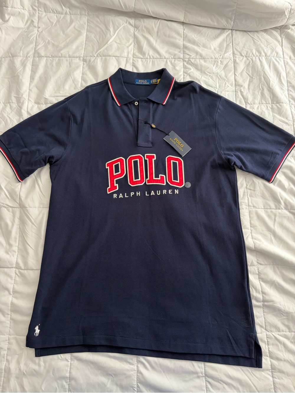 Polo Ralph Lauren Polo Shirt Spellout | Mens Large Tall LT Navy Blue Cotton NEW